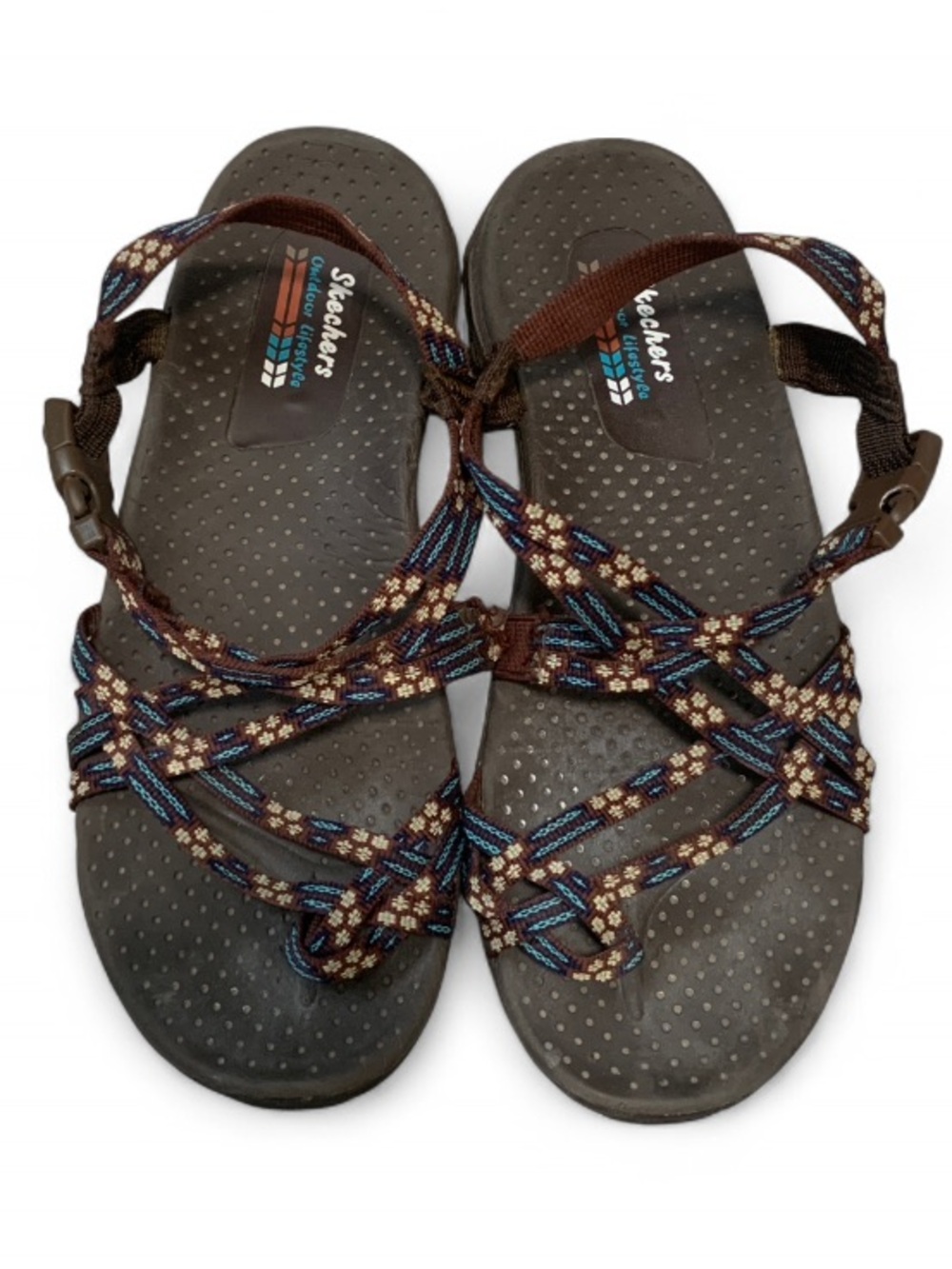 Y2K Skechers Brown Sandals with Blue & Cream Braided Straps